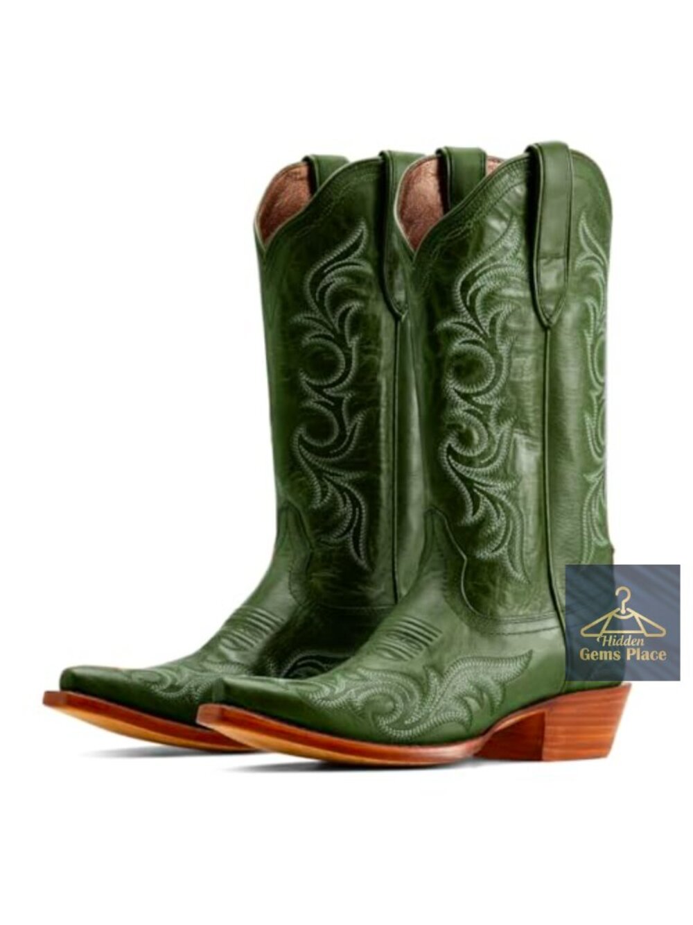 Vintage Embroidered Knee High Cowboy Boots Stacked Heel Square Toe Pull On